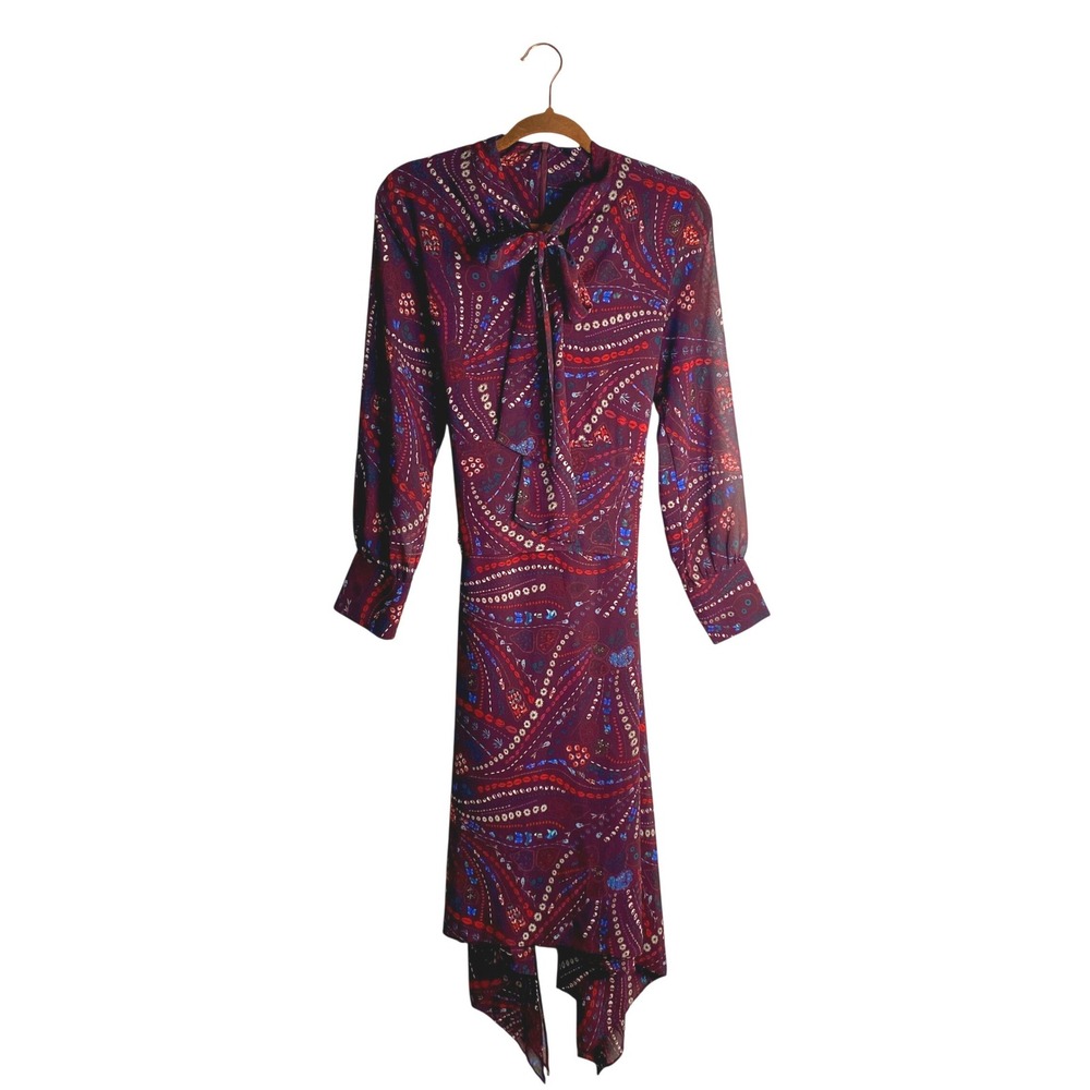 Stable Midi Dress Maroon Novelty Print Whimsigoth Boho Tie Neck Asym S Indie M